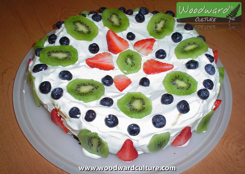 A homemade pavlova with kiwifruit, strawberries and blueberries on top - New Zealand Food - Woodward Culture