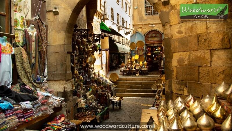A typical alley of the Khan El Khalili bazaar in Cairo, Egypt - Woodward Culture