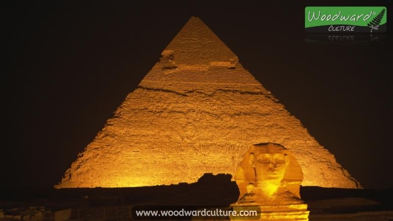 Pyramid of Khafre (Chephren) and the Sphinx with lighting at night - Pyramids of Giza, Egypt - Woodward Culture