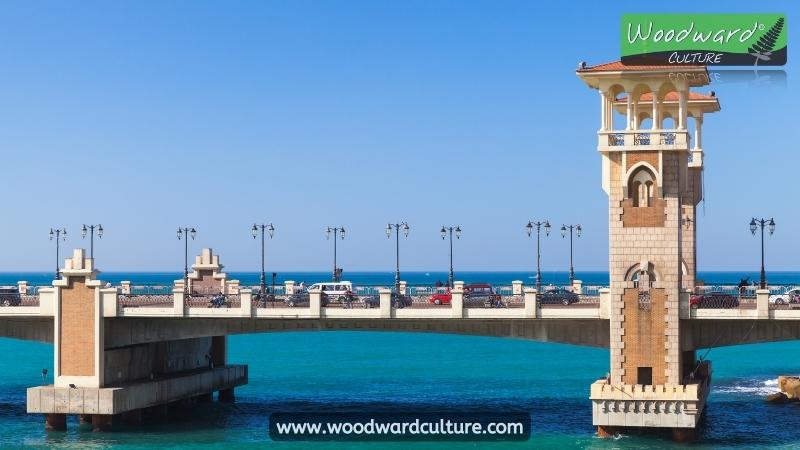 Stanley Bridge of Alexandria is a picturesque bridge that spans the Eastern Harbor of Alexandria, Egypt. Woodward Culture.