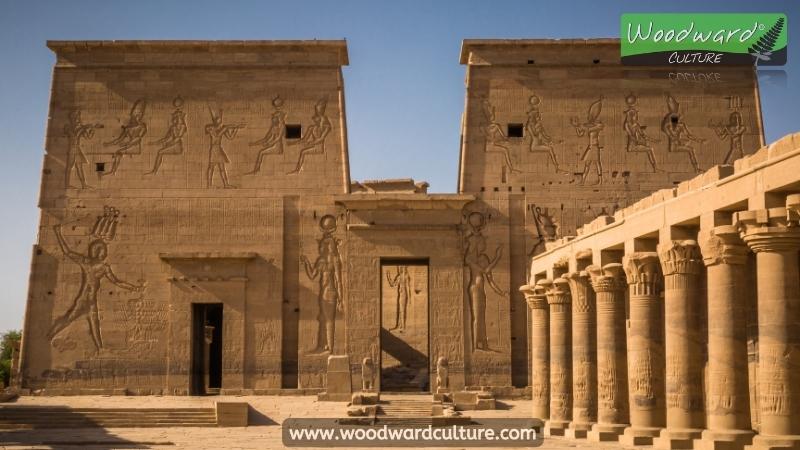Ancient Egyptian architecture at the Temple of Philae, Aswan Egypt. Woodward Culture Travel Guide.