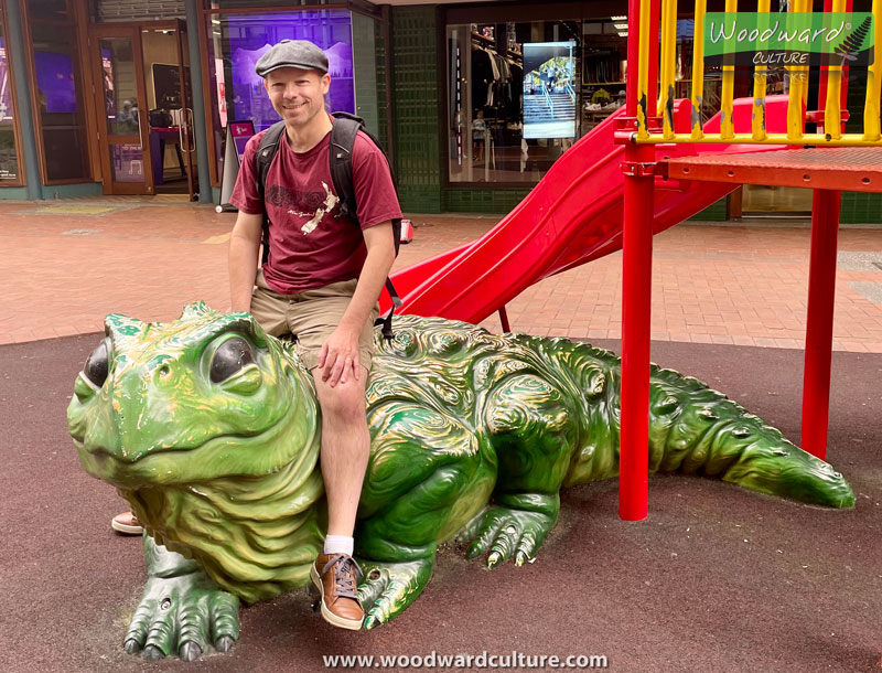 Rob W. on the tuatara at the Cuba Street Playground in Wellington New Zealand - Woodward Culture