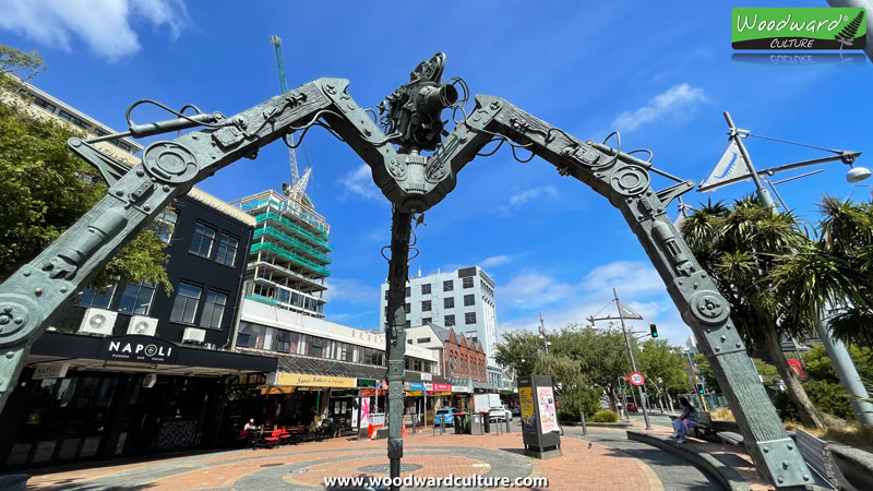 Tripod sculpture on Courtenay Place in Wellington created by Weta Workshop - Woodward Culture Travel Guide